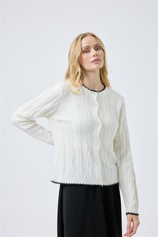 Myra Kontrast Saç Örgülü Hırka - Ekru 