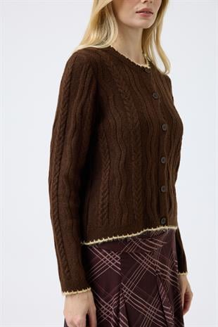 Myra Kontrast Saç Örgülü Hırka - Kahve 