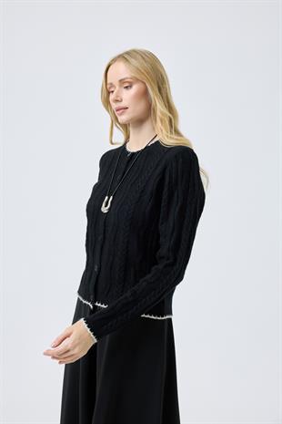 Myra Kontrast Saç Örgülü Hırka - Siyah 