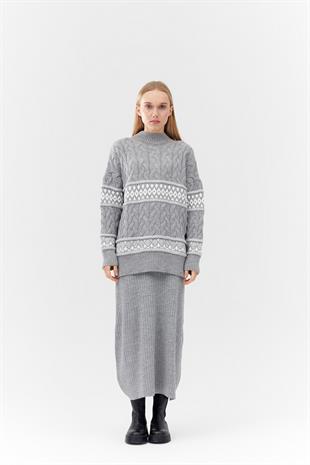 NADİA DESENLİ ÖRME KAZAK -  GRİ