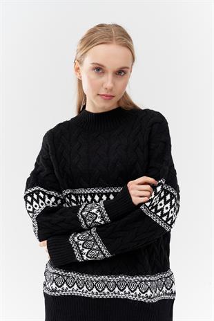 NADİA DESENLİ ÖRME KAZAK - SİYAH