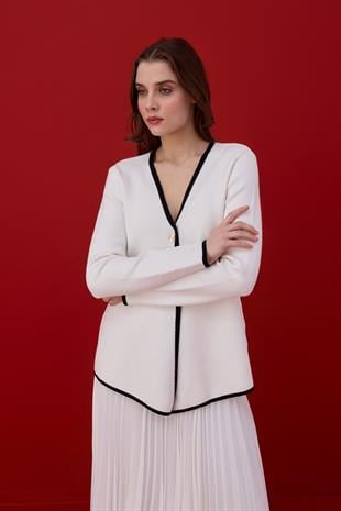 Naomi Tek Düğmeli Triko Hırka- Beyaz