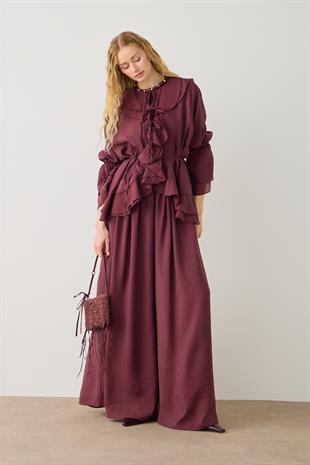 Nara Volanlı Büzgülü Modal Takım - Bordo