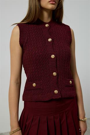 Natalia Gold Düğmeli Süs Cepli Süveter - Bordo 