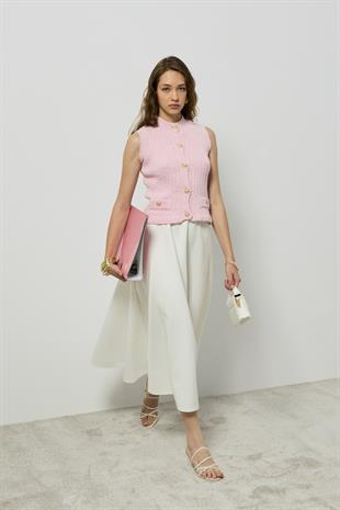 Natalia Gold Düğmeli Süs Cepli Süveter - Pembe