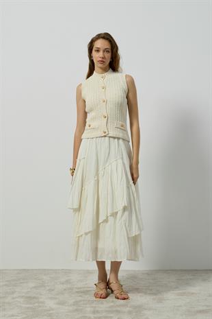 Natalia Gold Düğmeli Süs Cepli Süveter - Krem