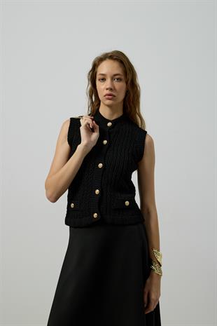 Natalia Gold Düğmeli Süs Cepli Süveter - Siyah