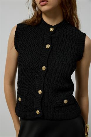 Natalia Gold Düğmeli Süs Cepli Süveter - Siyah