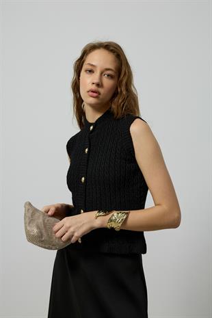 Natalia Gold Düğmeli Süs Cepli Süveter - Siyah