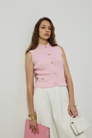 Natalia Gold Düğmeli Süs Cepli Süveter - Pembe