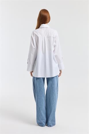 Nervürlü Geniş Manşetli Poplin Gömlek - Beyaz