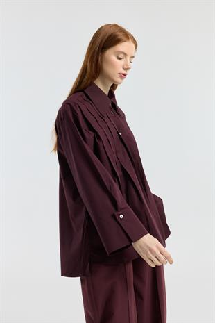 Nervürlü Geniş Manşetli Poplin Gömlek - Mürdüm 