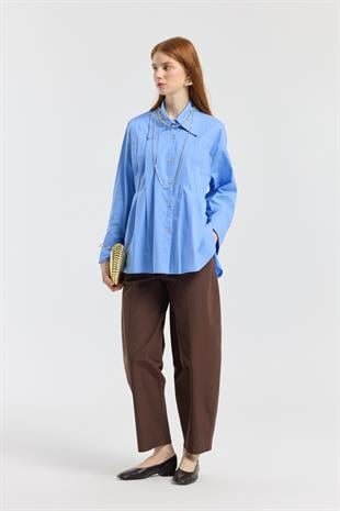 Nervürlü Geniş Manşetli Poplin Gömlek - Mavi