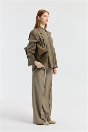 Nervürlü Geniş Manşetli Poplin Gömlek - Haki 