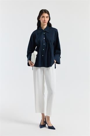 Nervürlü Geniş Manşetli Poplin Gömlek - Lacivert