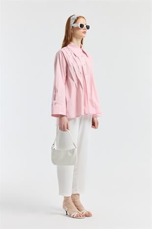 Nervürlü Geniş Manşetli Poplin Gömlek  - Pudra Pembe