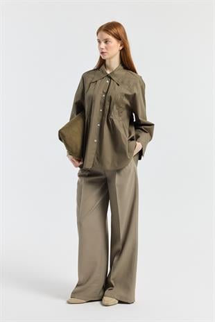 Nervürlü Geniş Manşetli Poplin Gömlek - Haki 