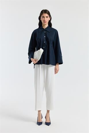 Nervürlü Geniş Manşetli Poplin Gömlek - Lacivert