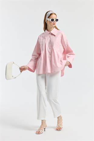Nervürlü Geniş Manşetli Poplin Gömlek  - Pudra Pembe