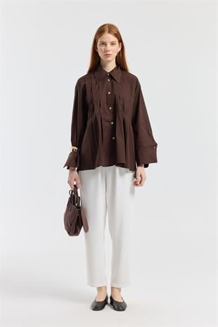 Nervürlü Geniş Manşetli Poplin Gömlek - Acı kahve