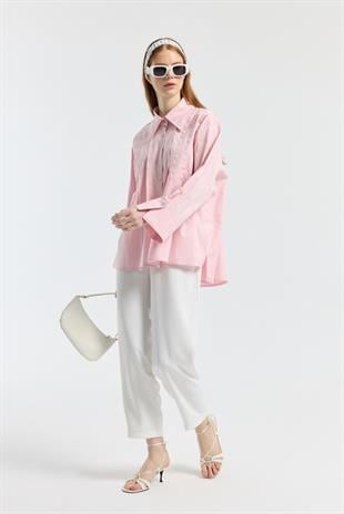 Nervürlü Geniş Manşetli Poplin Gömlek  - Pudra Pembe