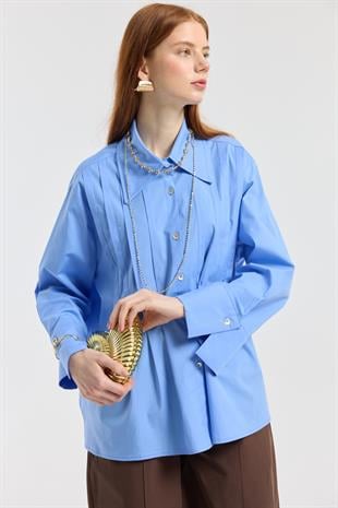 Nervürlü Geniş Manşetli Poplin Gömlek - Mavi