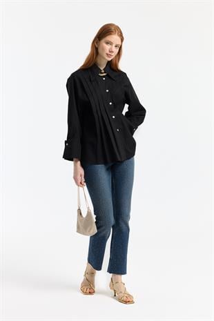 Nervürlü Geniş Manşetli Poplin Gömlek - Siyah 