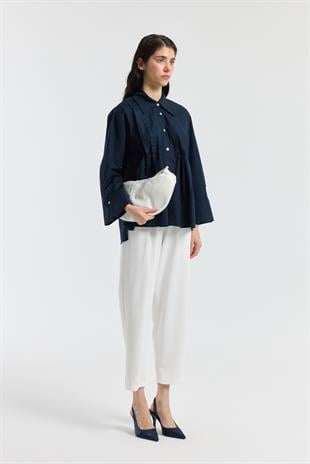 Nervürlü Geniş Manşetli Poplin Gömlek - Lacivert