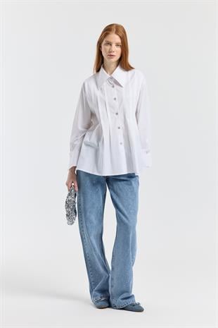 Nervürlü Geniş Manşetli Poplin Gömlek - Beyaz