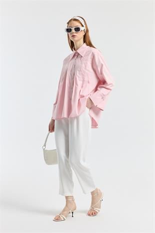 Nervürlü Geniş Manşetli Poplin Gömlek  - Pudra Pembe