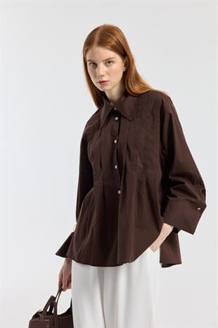 Nervürlü Geniş Manşetli Poplin Gömlek - Acı kahve