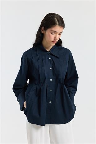 Nervürlü Geniş Manşetli Poplin Gömlek - Lacivert