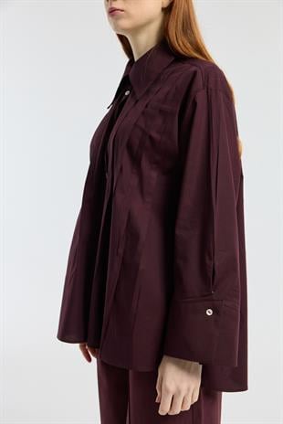 Nervürlü Geniş Manşetli Poplin Gömlek - Mürdüm 