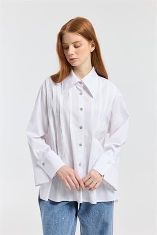 Nervürlü Geniş Manşetli Poplin Gömlek - Beyaz