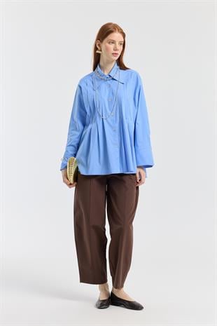 Nervürlü Geniş Manşetli Poplin Gömlek - Mavi