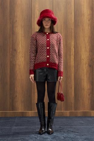 Nicole Gold Düğmeli Hırka - Kırmızı