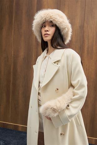 Nile Kuşaklı Kruvaze Kaşe Kaban - Ekru 