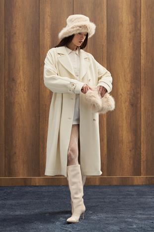 Nile Kuşaklı Kruvaze Kaşe Kaban - Ekru 