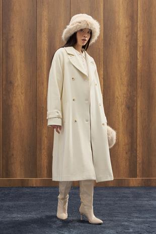 Nile Kuşaklı Kruvaze Kaşe Kaban - Ekru 