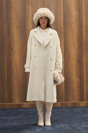 Nile Kuşaklı Kruvaze Kaşe Kaban - Ekru 