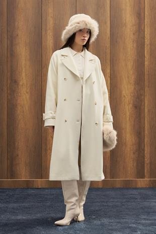 Nile Kuşaklı Kruvaze Kaşe Kaban - Ekru 