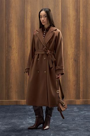 Nile Kuşaklı Kruvaze Kaşe Kaban - Kahverengi