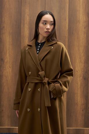 Nile Kuşaklı Kruvaze Kaşe Kaban - Haki