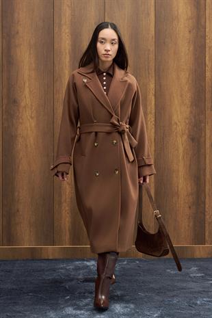 Nile Kuşaklı Kruvaze Kaşe Kaban - Kahverengi