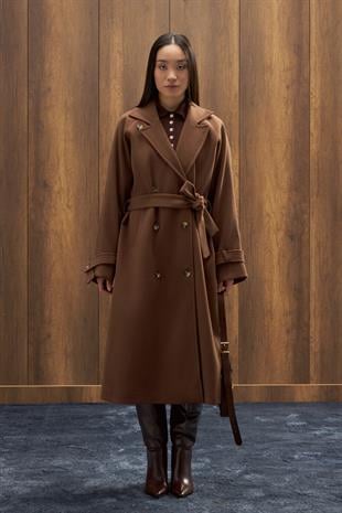 Nile Kuşaklı Kruvaze Kaşe Kaban - Kahverengi