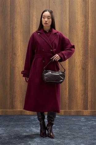 Nile Kuşaklı Kruvaze Kaşe Kaban - Mürdüm 