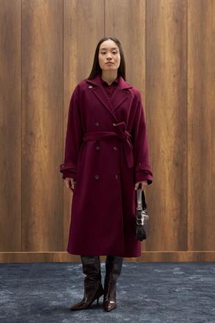 Nile Kuşaklı Kruvaze Kaşe Kaban - Mürdüm 