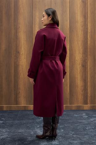 Nile Kuşaklı Kruvaze Kaşe Kaban - Mürdüm 