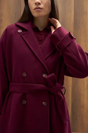 Nile Kuşaklı Kruvaze Kaşe Kaban - Mürdüm 