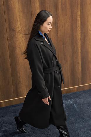 Nile Kuşaklı Kruvaze Kaşe Kaban - Siyah 